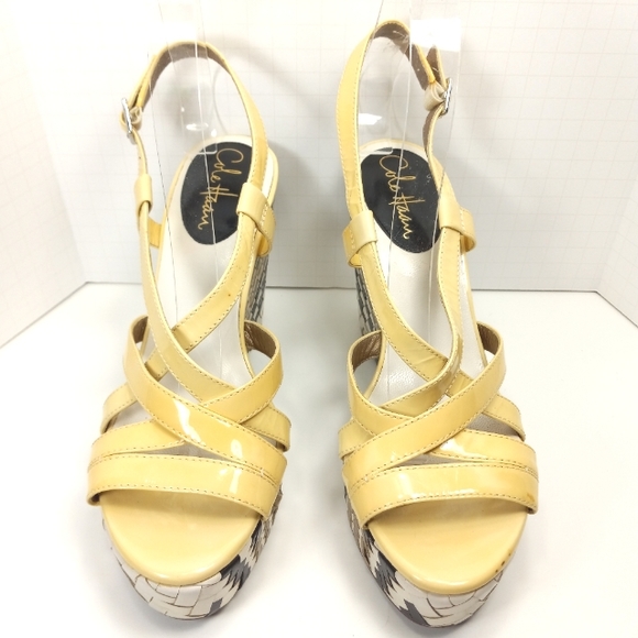 COLE HAAN & Nike Air Genevieve Pale Yellow Patent Sandals w/ Bold Woven Plat… - Picture 2 of 15